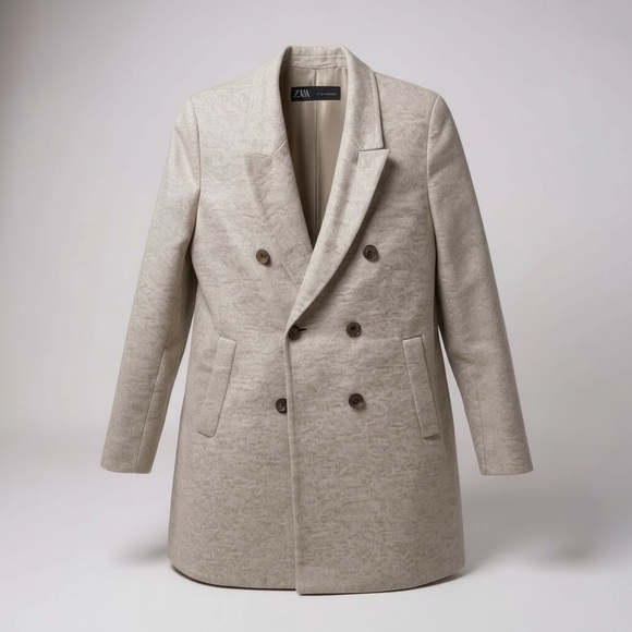 Zara Double Breasted Boucle Neutral Oatmeal Beige Peacoat Jacket Size Womens XS - Picture 2 of 14
